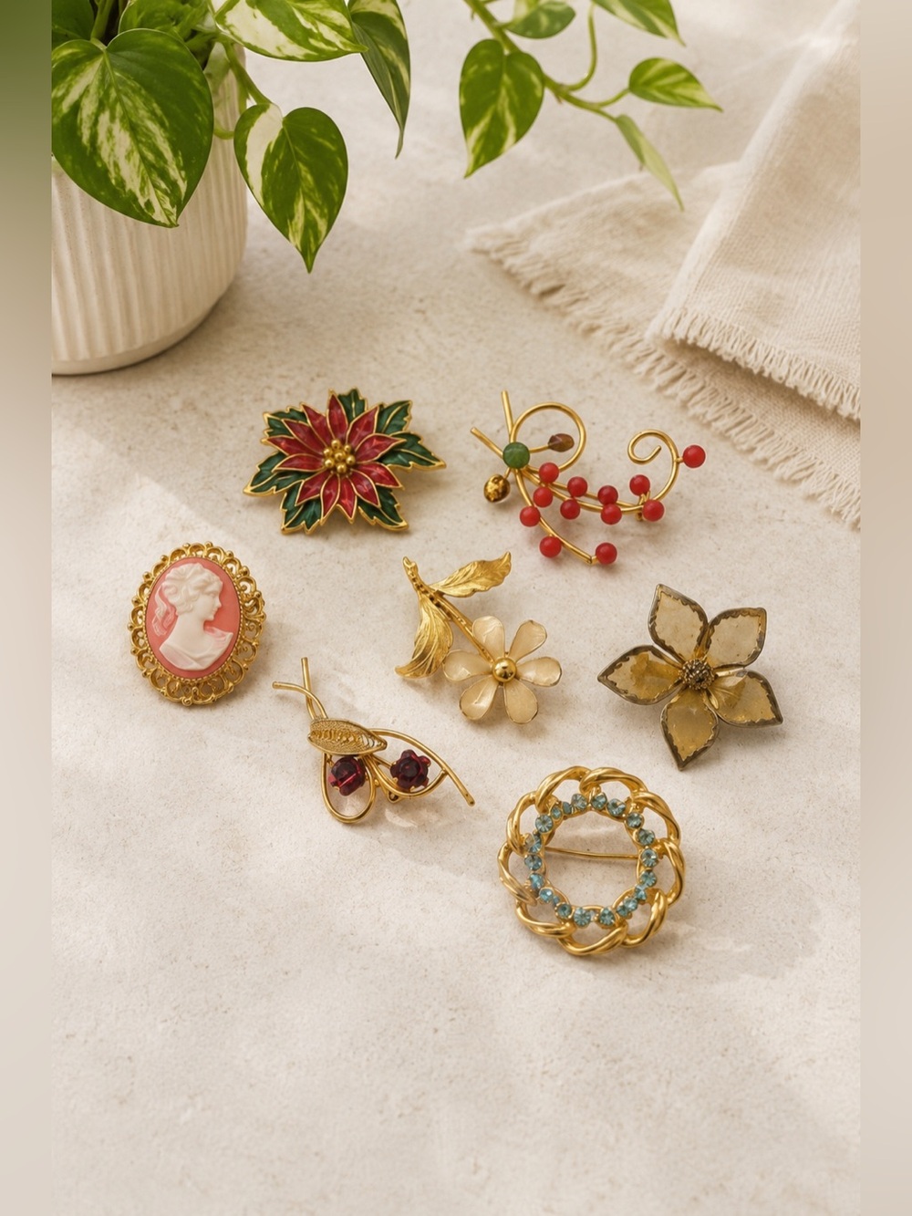 Vintage Brooch Lot Gold Tone Cameo Floral Beaded Abstract Layering Pins Eclectic